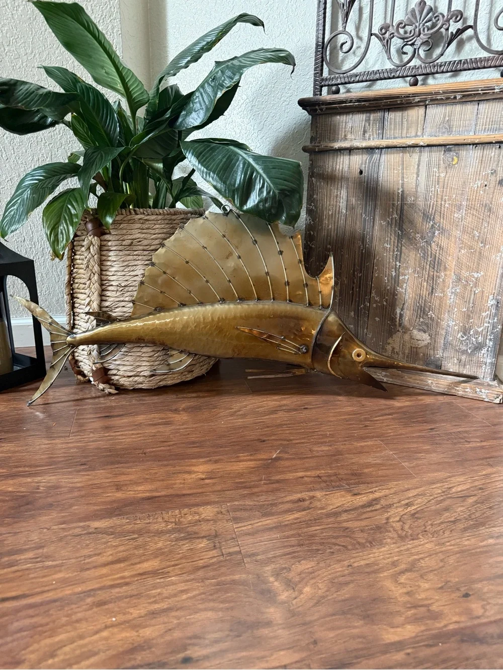 Metal Sailfish Wall Sculpture Brass Color  38 In.  Coastal Folk Art